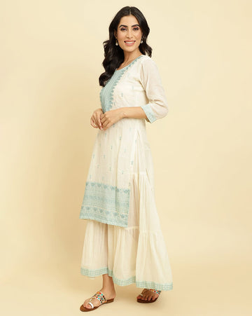 Varanga Women cream & blue embroidered kurta attached with skirt